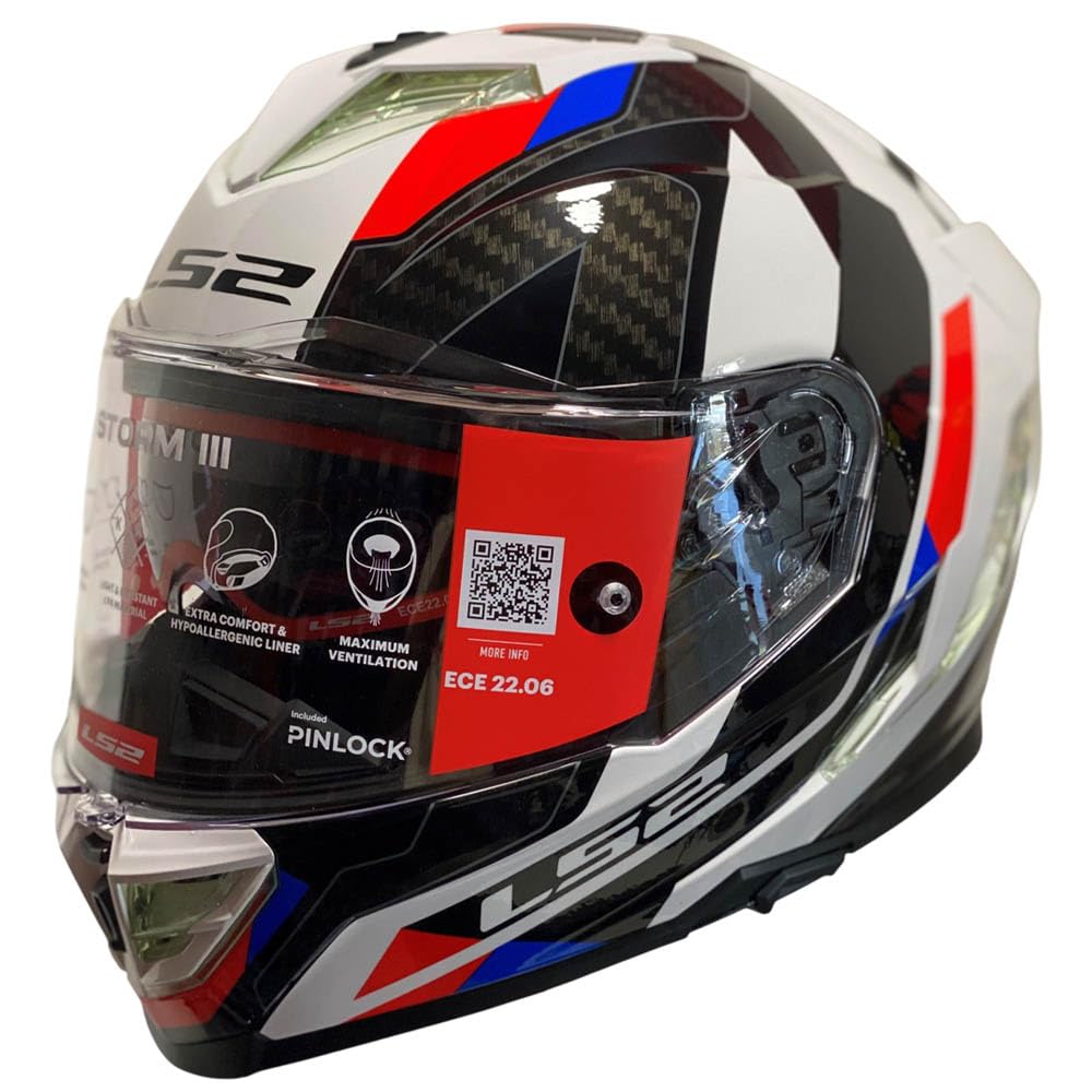LS2 Storm 3 Designed Sporty Blanco Azul Rojo - Casco de Moto Integral en KPA con Visor Solar y Pinlock de Serie - Helmets Unisex Hombre y Mujer - ECE 22.06
