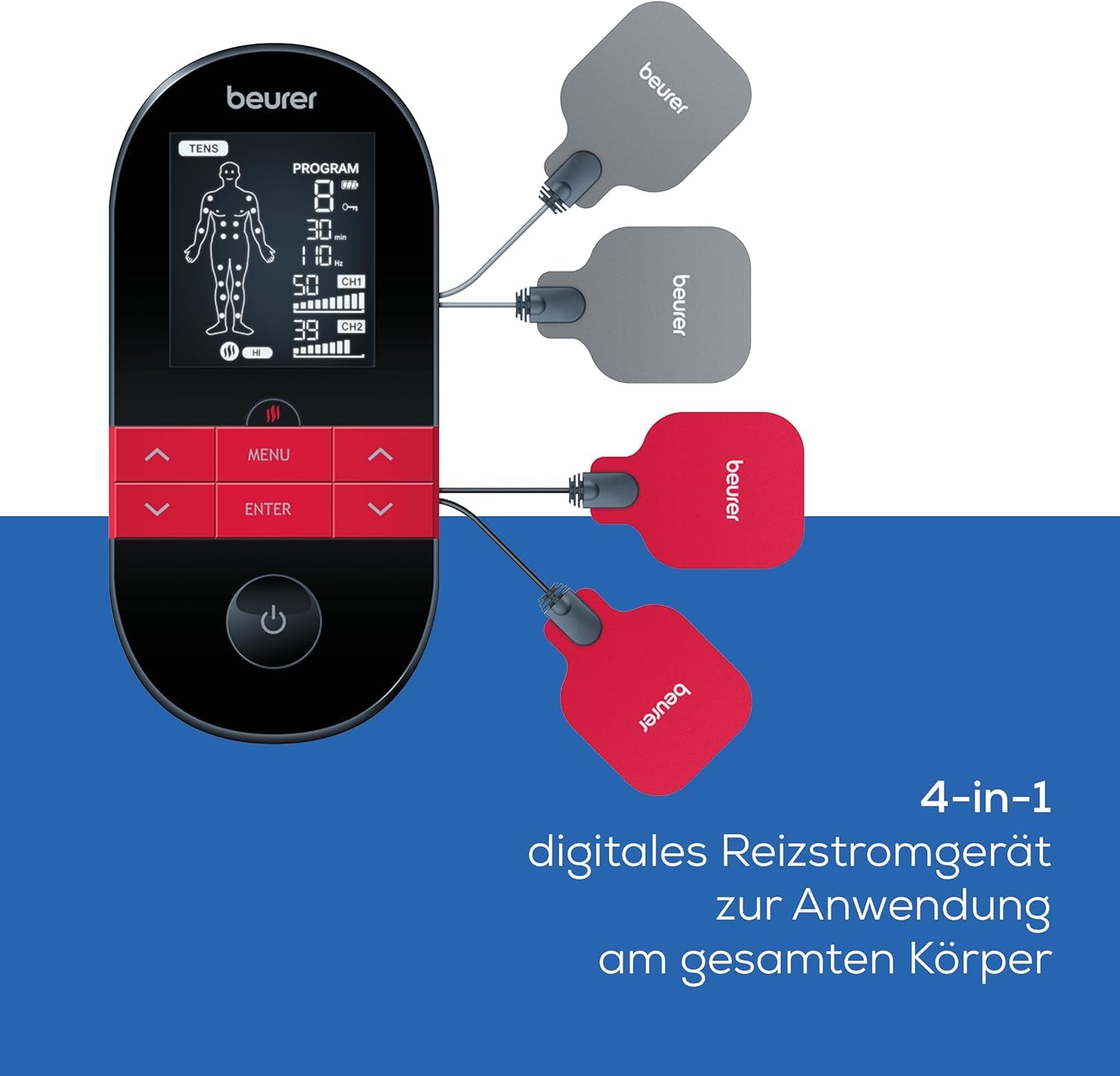 Beurer EM 59 Heat digitales TENS / EMS Gerät, 4-in-1 Reizstromgerät zur Schmerztherapie, Muskelstimulation, Massage und Wärmetherapie, inkl. 4 Elektroden und Akku