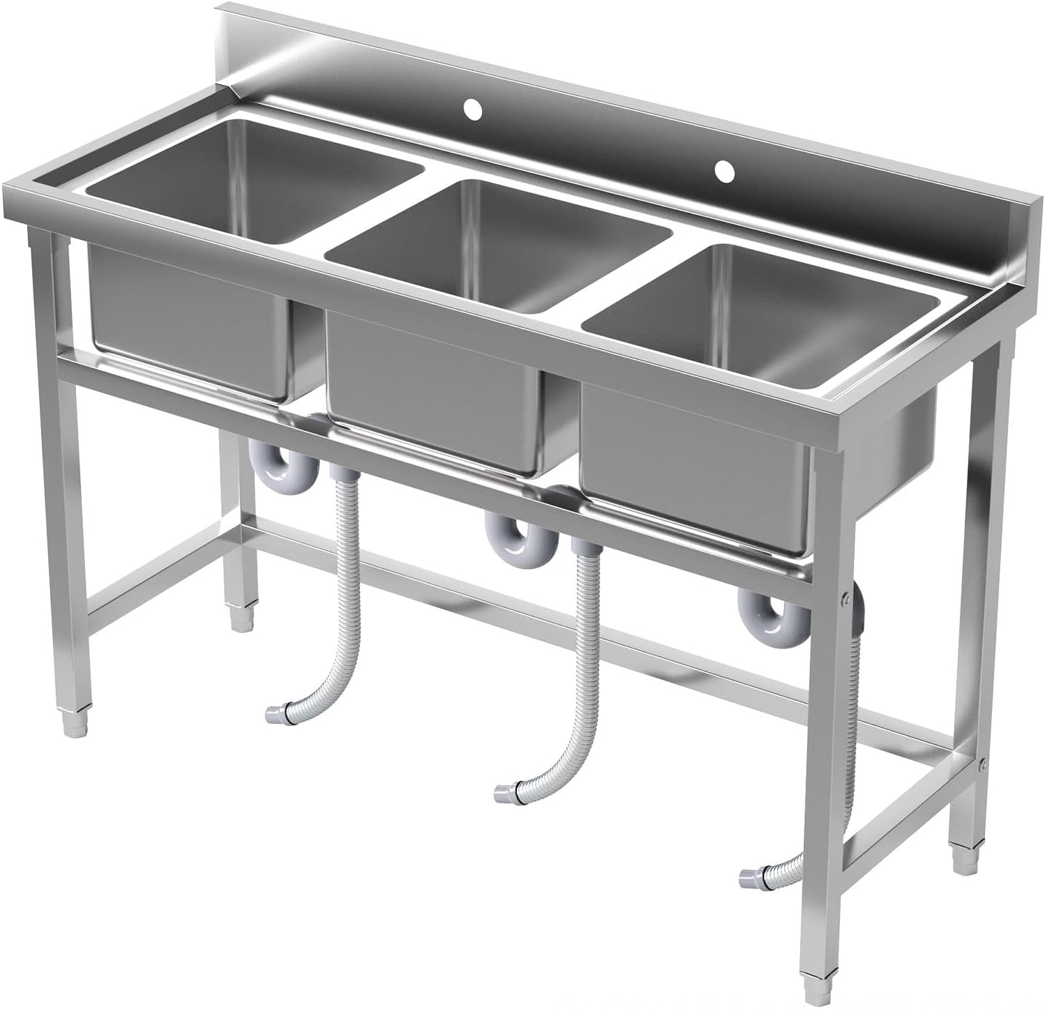 Stainless Steel Sinks with 3 Water Pipe, 51 x 19.7 Stainless Steel Kitchen Sinks, Kitchen Sink with Triple Bowl, 13.7 x 13.7 3-Compatment Commercial Sink Suitable for Kitchen Restaurant Backyard