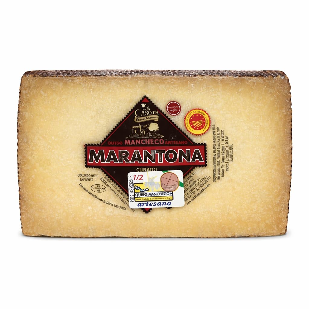 Queso Manchego Artesano D.O.P. Curado Marantona - 1/2 Pieza 1,5kg (Aprox.) - Elaborado con Leche Cruda de Oveja - Sabor Intenso - Origen La Solana