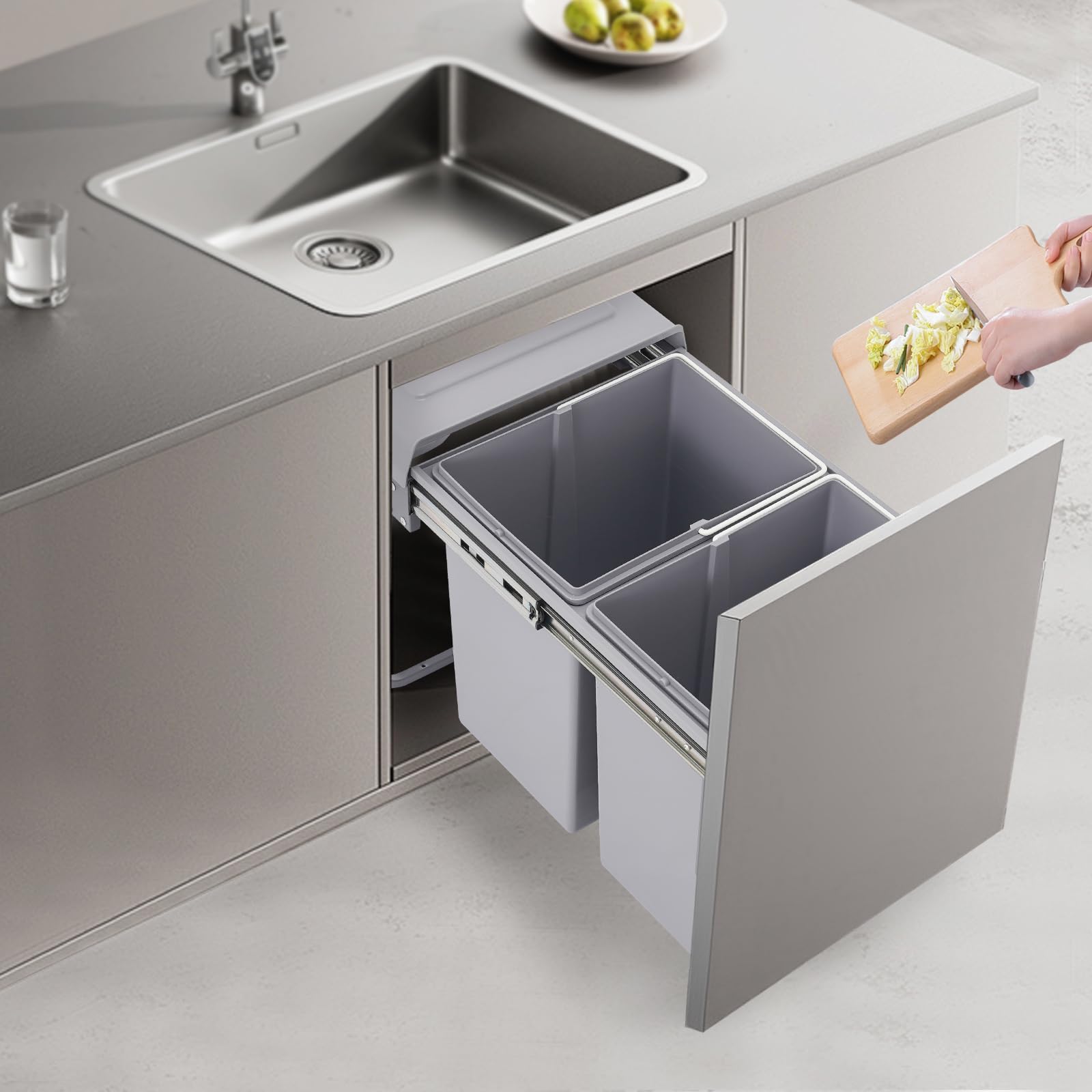 Kitchen Waste Bin 40L Pullout Recycling Garbage Trash Can - 49x35x43cm - Under Can Counter Bin - 2 x 20L Capacity -Multi Compartment Sliding Double Pull Out Bins for Kitchen
