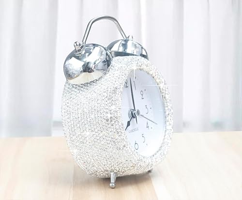 Vista 2 de Reloj despertador pequeño con diamantes de imitación, 5 pulgadas de altura, llamada matutina para dormitorio, escritorio, decoración para el hogar