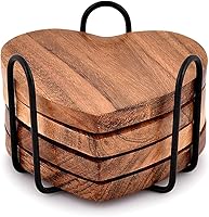 Vista 2 de Samhita Juego de 4 posavasos de madera de acacia en forma de corazón con soporte de hierro para decoración de mesa auxiliar, regalo de inauguración