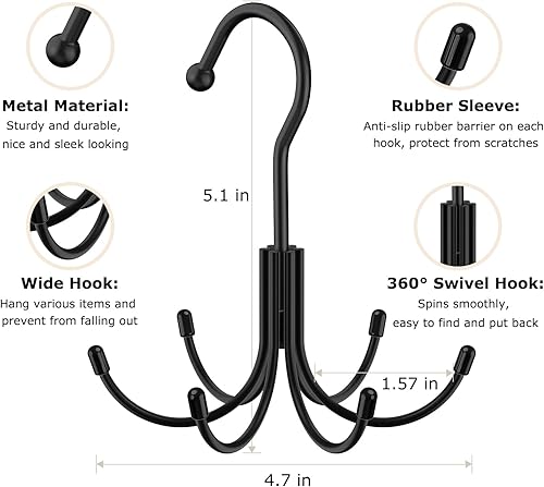 Miniatura 3 de HOMEBROS - Percha para cinturón, 2 paquetes de organizador giratorio de 360 para cinturón de armario y soporte de corbata con 12 ganchos, capacidad