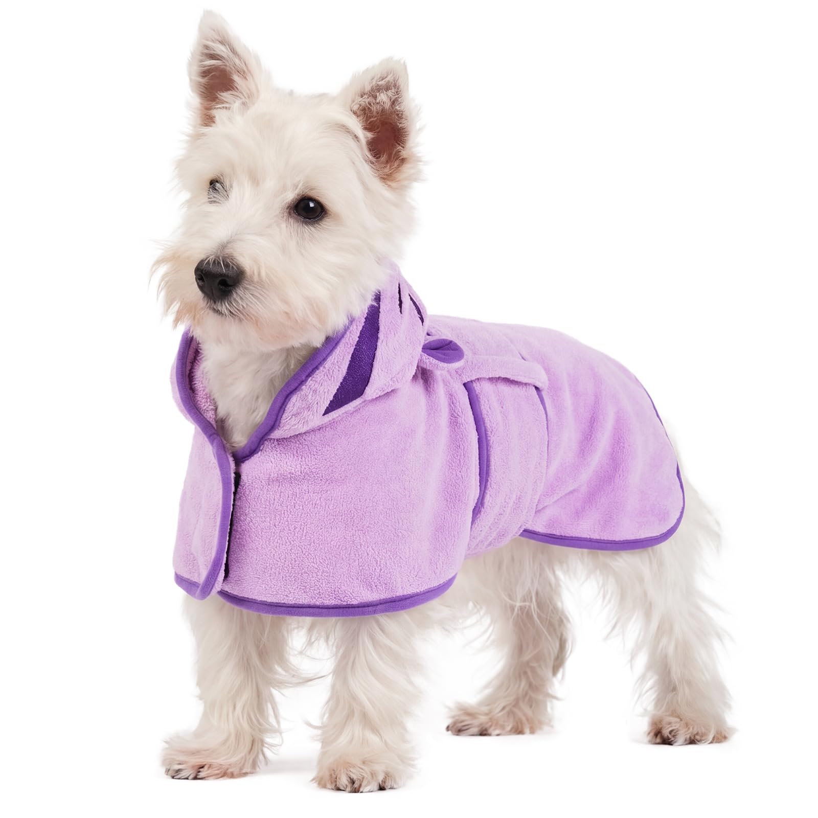 OUOBOB Dog Drying Coat, Bathrobe for Drying Dogs, Dog Towels for Small Dogs, Microfibre Robe Super Absorbency with Hood & Adjustable Belly Straps for Dachshund, Yorkie, Chihuahua (Purple, S) — image 1