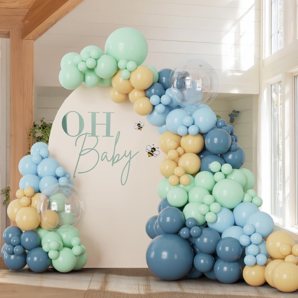 PartyXpress 147PCS Dusty Blue Green Balloon Arch Garland Kit with Nude Clear Bobo Balloons for for Fish Party, Ocean Theme Birthday, Baby Boy Shower Decorations, Under The Sea Backdrop