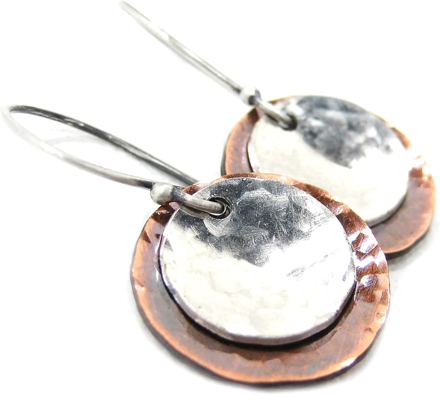 Antiqued Copper & Sterling Silver Earrings, Small Hammered Disc Mixed Metal Dangle Earrings, Upcycled Metal Minimalist Rustic Boho Jewelry