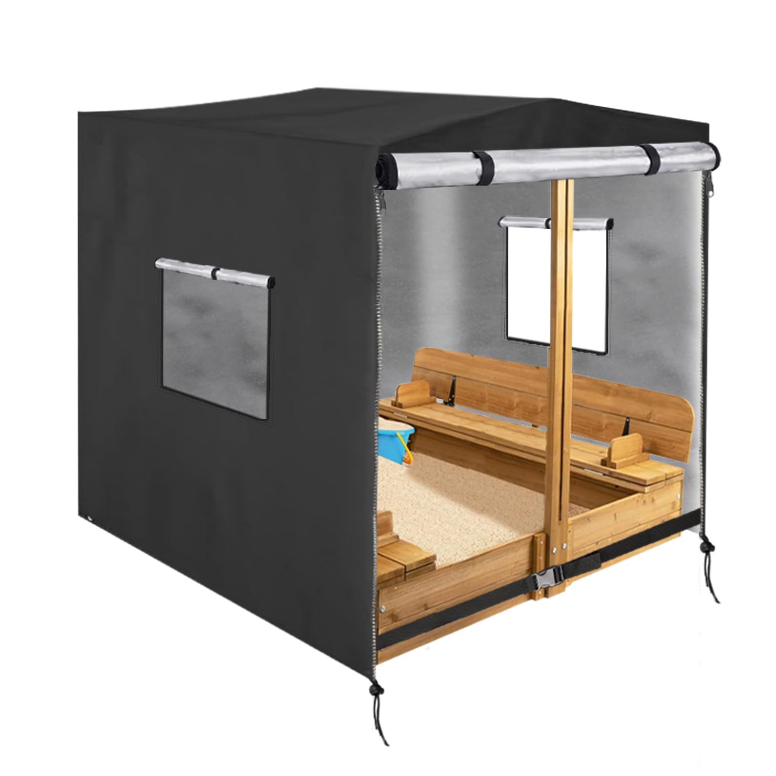 Housse de bac à sable (cube de 121,9 cm), housse imperméable pour bac à sable en bois 420D avec couvercle et banc pliable (noir)