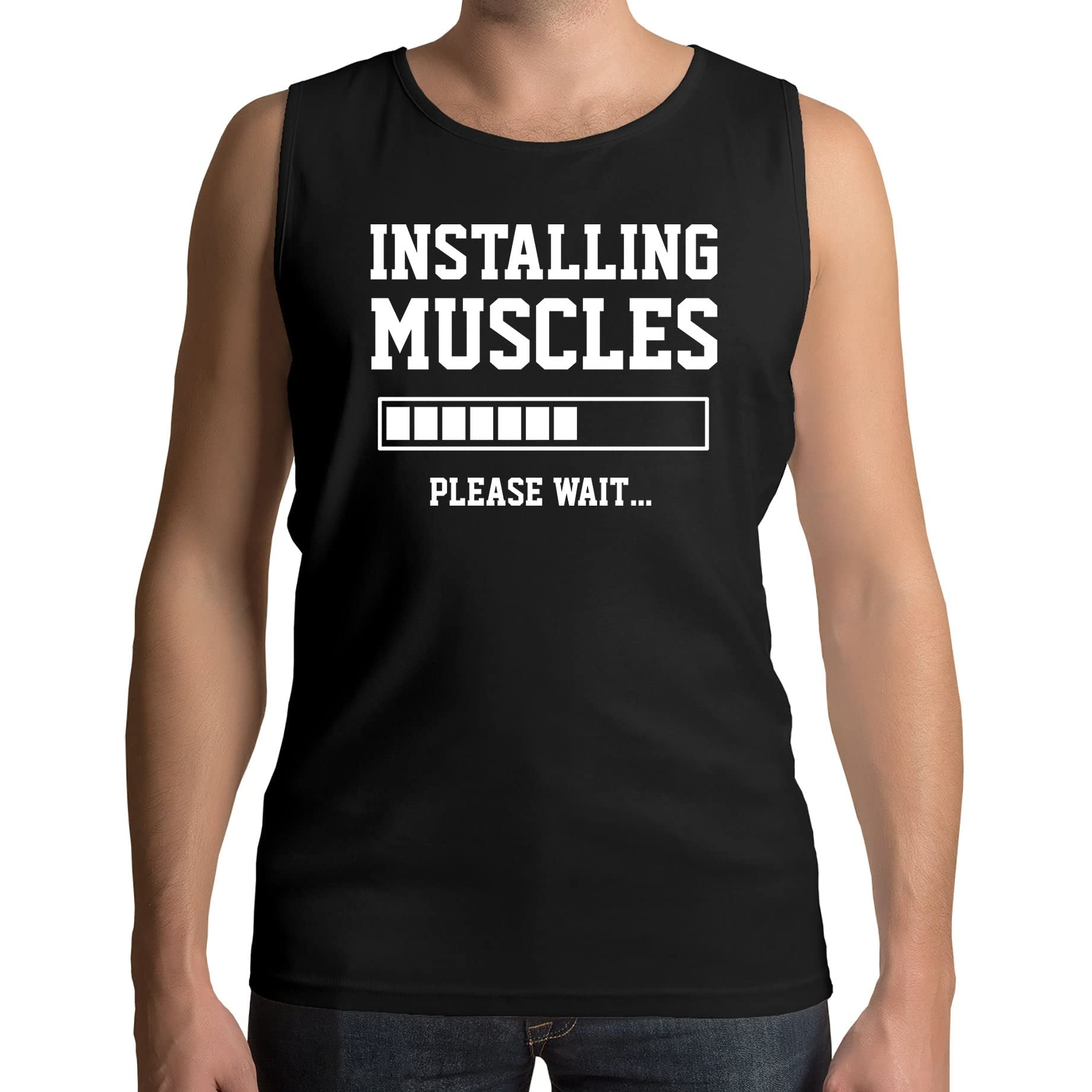 Installing Muscles Please Wait Gym Slogan Funny Mens Vest Tank Top Black (XL)