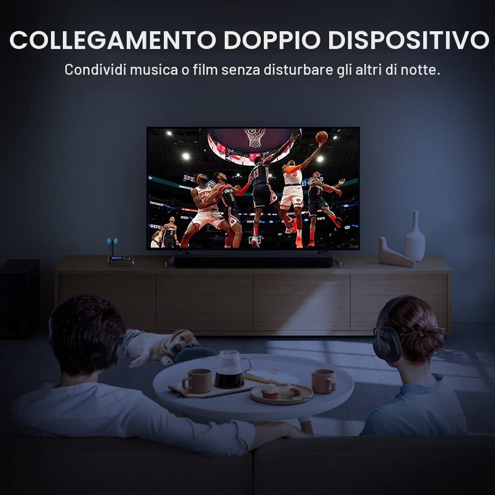 Trasmettitore Ricevitore Bluetooth 3-in-1 Adattatore Audio Bluetooth 5.3 per 2 Cuffie con Cavi Bypass Aux/Ottico/RCA ON/off Automatico LCD Display Controllo Volume per TV Stereo Casa PC