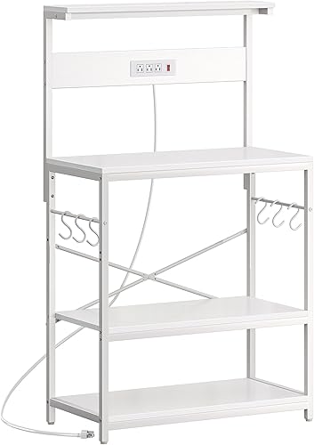 Miniatura 15 de SUPERJARE Estante de panadero de cocina con toma de corriente, mesa de bar de café de 4 niveles, soporte de microondas de cocina con 6 ganchos en