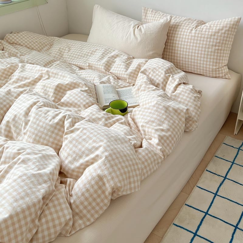 Image of Gingham Duvet Cover Set Queen Size,Beige Gingham Patterned 3Pcs Bedding Set for Kids Adults,Soft Breathable Microfiber Comforter Cover Plaid Design with Zipper Closure and 2 Pillow Shams