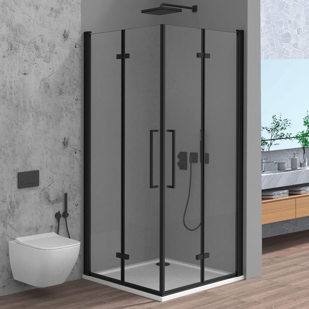 Box Doccia Angolare 70x80 Con Doppia Porta A Soffietto In Vetro Temperato Trasparente E Profili Nero Opaco - Linea Neos - H 195 Cm E Spessore 6 Mm