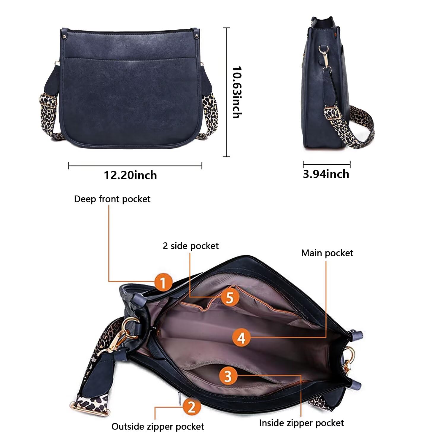 AUYOCO Vegan Leather Crossbody Bags for Women, Crossbody Purse with Guitar Strap Zipped Pockets Handbag Shoulder Bag: Navy(one Strap)