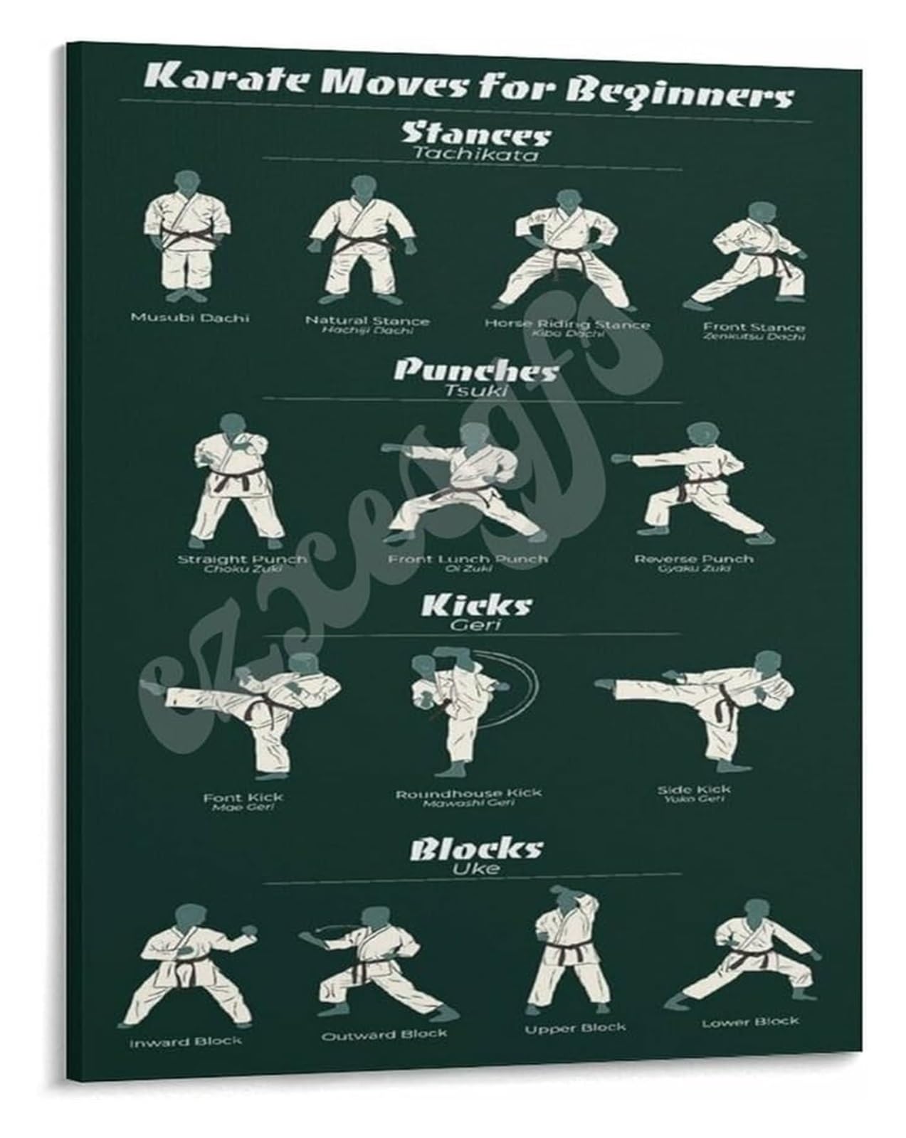 FNYUVNFAF Martial Arts Poster Karate Moves for Beginners Guide Training Reference for Dojo Studio Wall Decor Framed,08x12inch(20x30cm)