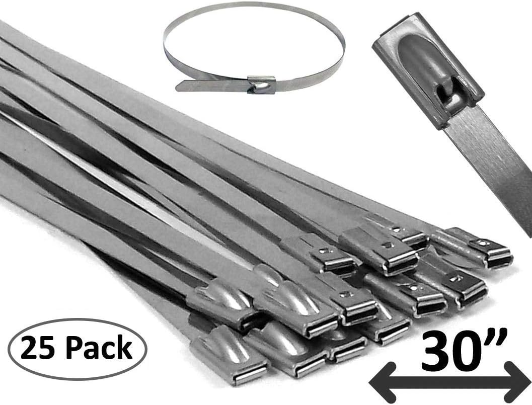 Electriduct 304 Stainless Steel Cable Ties 30 Inch 200 Lbs Heavy Duty Self Locking Ball Lock Zip Ties UV Resistant (25 Pack)