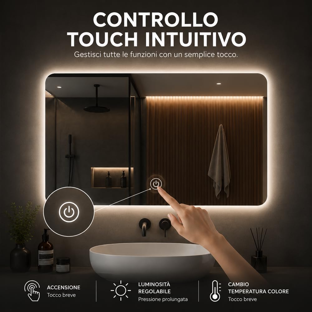 Shally Dogan Specchio Rettangolare da Parete con Led Dimmerabile a 3 Colori, Bianco Freddo, Caldo e Naturale, Accensione con Touch, Decorazione da Muro Design Moderno e Salvaspazio, 70 x 50 cm