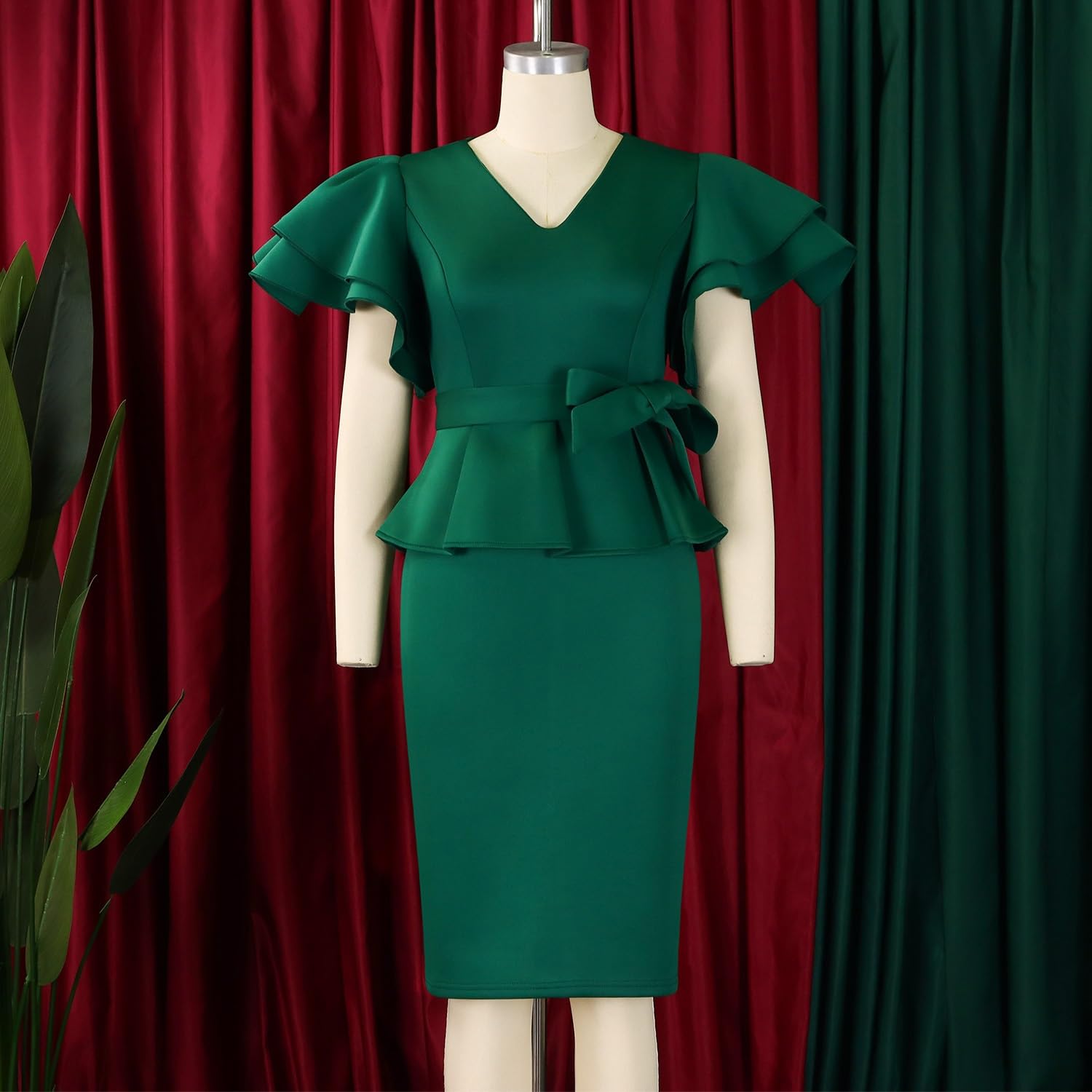 Abito A Tubino Elegante Da Donna, Formale, Tinta Unita, Per Feste E Cocktail Abito Midi Aderente Sexy Con Scollo A V, Volant, Maniche Corte E Cintura