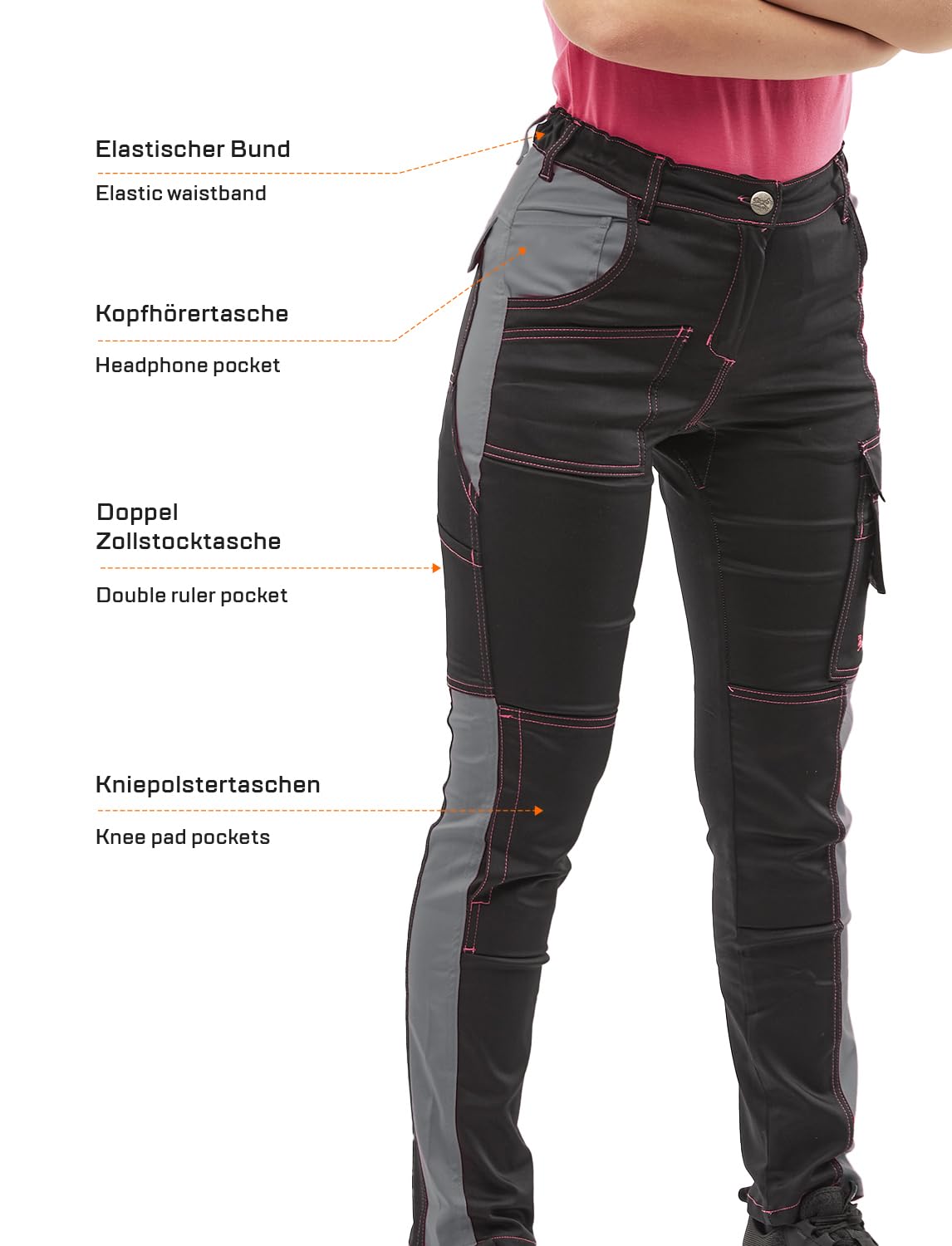 strongAnt® - Pantaloni Elastici da Lavoro Donna Grigio Nero - Pantaloni Magazzino Giardiniere, Tasca per Ginocchiere, Cerniera Lampo e Bottone in Metallo - Fatto nell'UE
