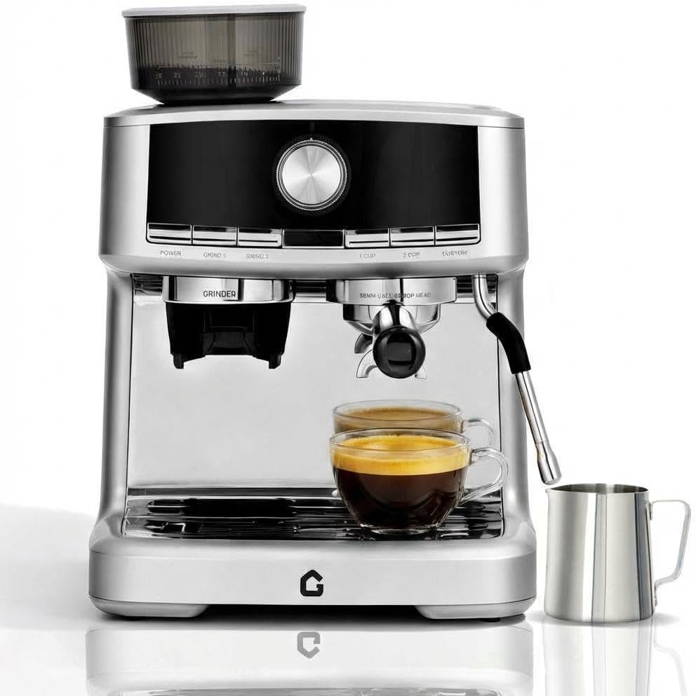 GAOMON 20B Machine, Stainless Steel Ex presso Coffee Maker with 1.5L Removable Water Tank, Grinder＆Milk Frother Steam Wand, Adjustable Shot Volume, Professional for Latte/Cappuccino, Sliver