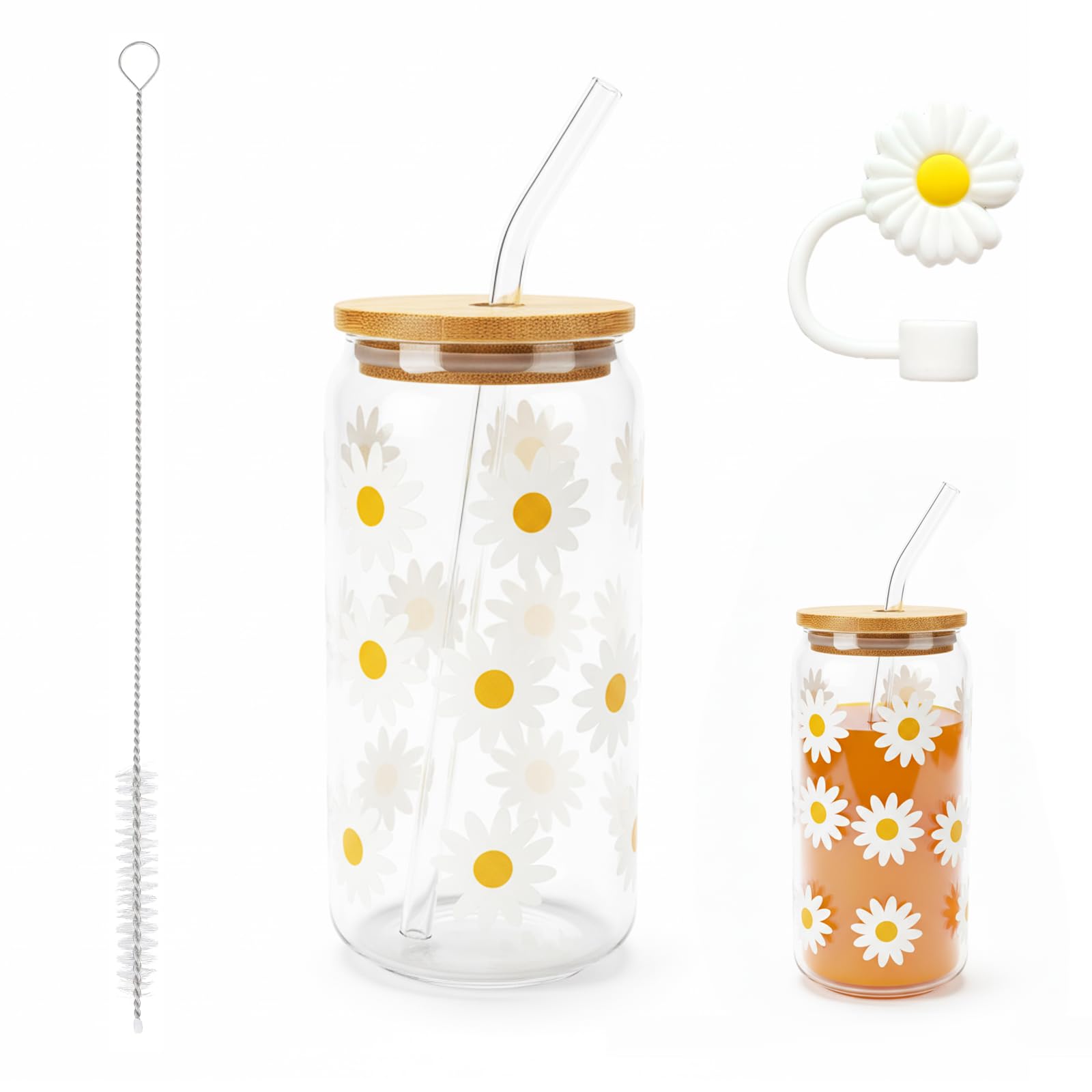 BaiDrivora Glass Cups with Lids and Straws - 16oz 500ml Daisy Floral Glass, Iced Coffee Cup, Matcha Glass with Lid & Reusable Straw for Drinks Home Kitchen