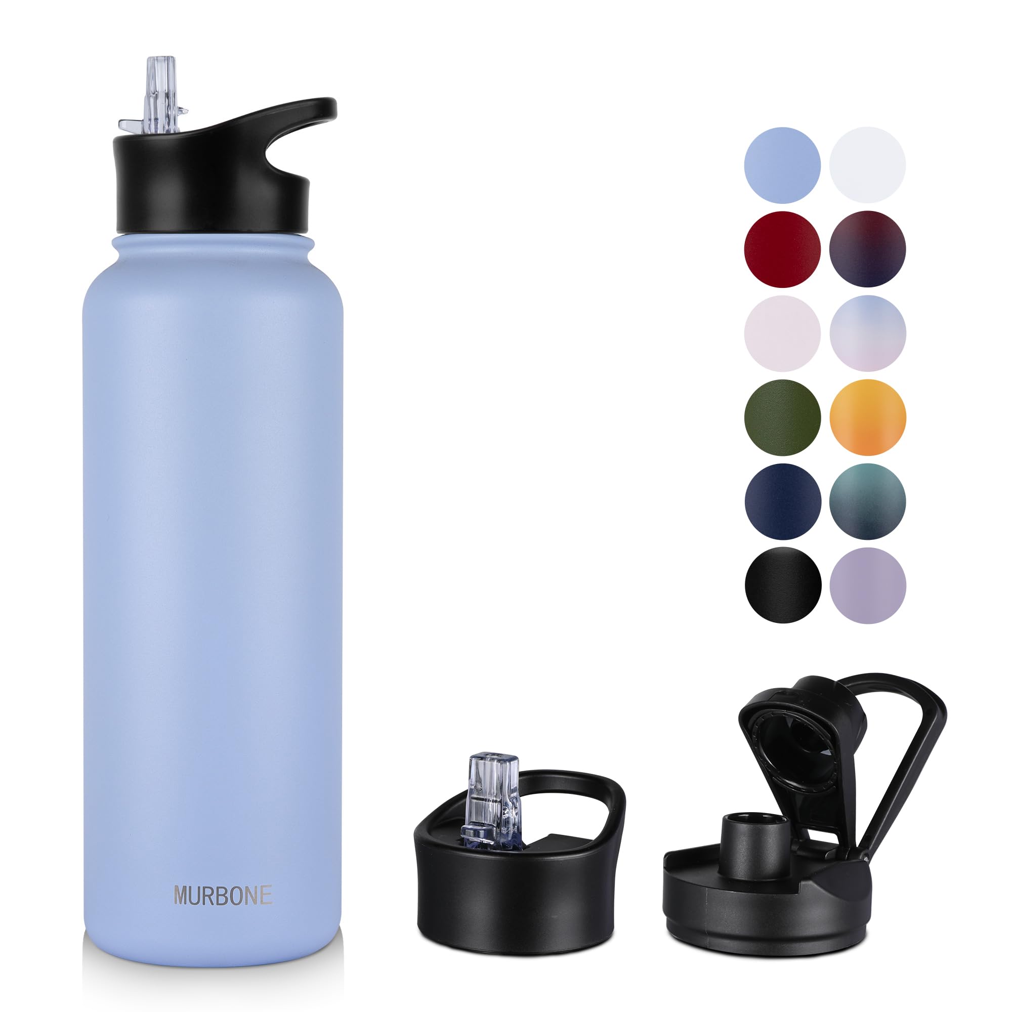 MURBONE Insulated Water Bottle, 1.2L Stainless Steel Drink Flask with Straw, BPA Free, 2 Lids (Straw Lid and Spout Lid), Leakproof Double Walled Vacuum Water Bottle, Blue