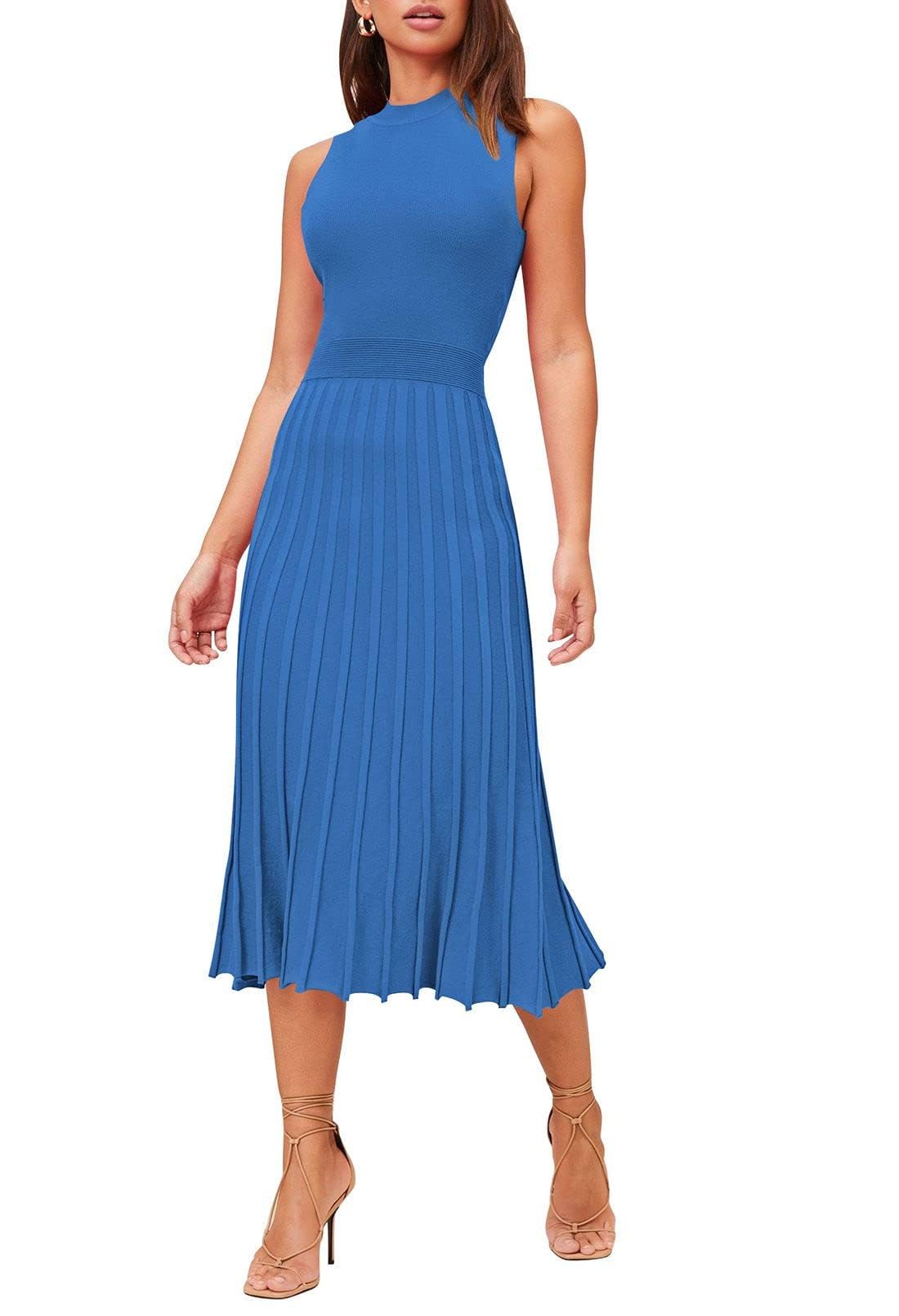 Pink Queen Women's Elegant Sleeveless Pleated A Line Midi Sweater Dresses Small Blue
