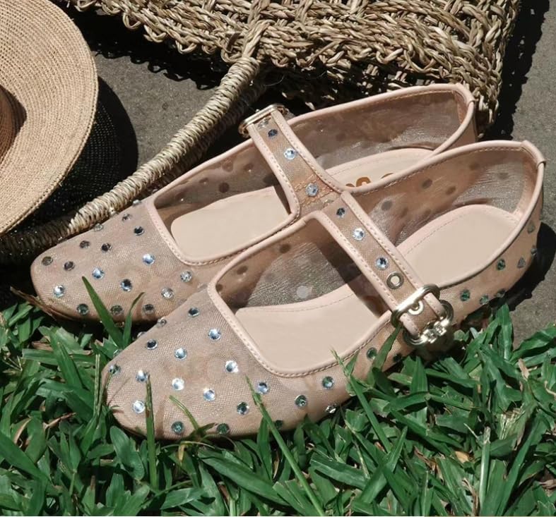 Women's mesh flats, Mary Jane crystal square toe comfortable prom work shoes4