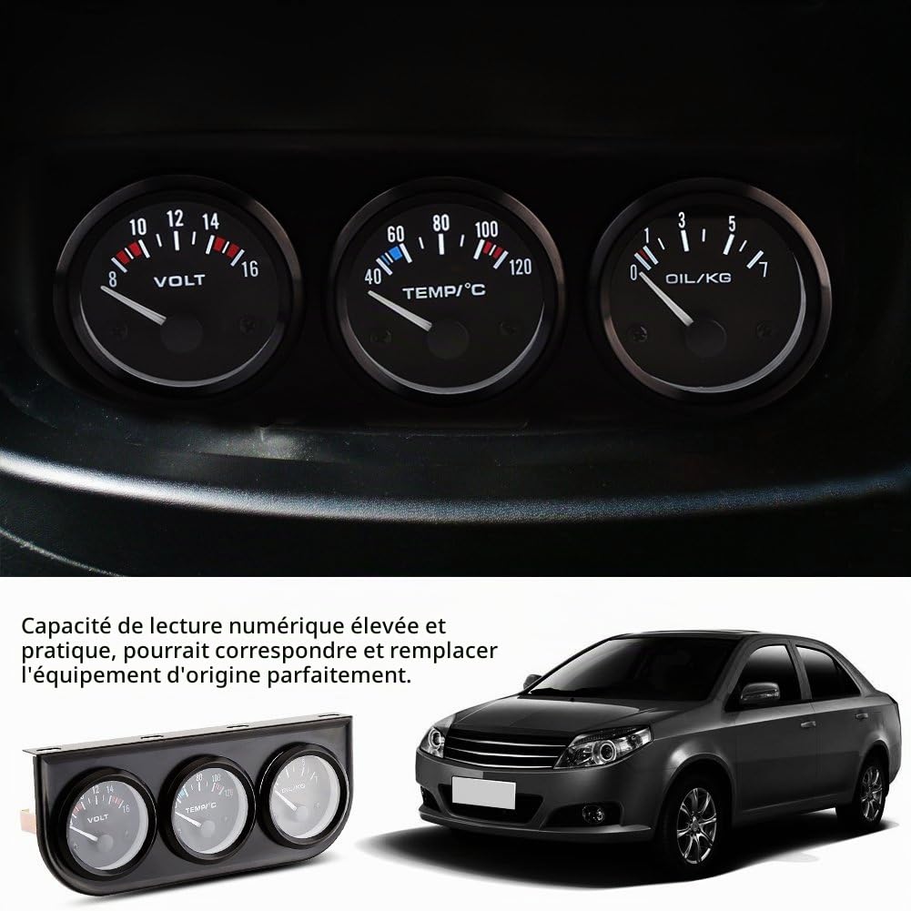 Qiilu Kit 3 en 1 : jauge de pression d'huile + température de l'eau + voltmètre pour voiture et camion