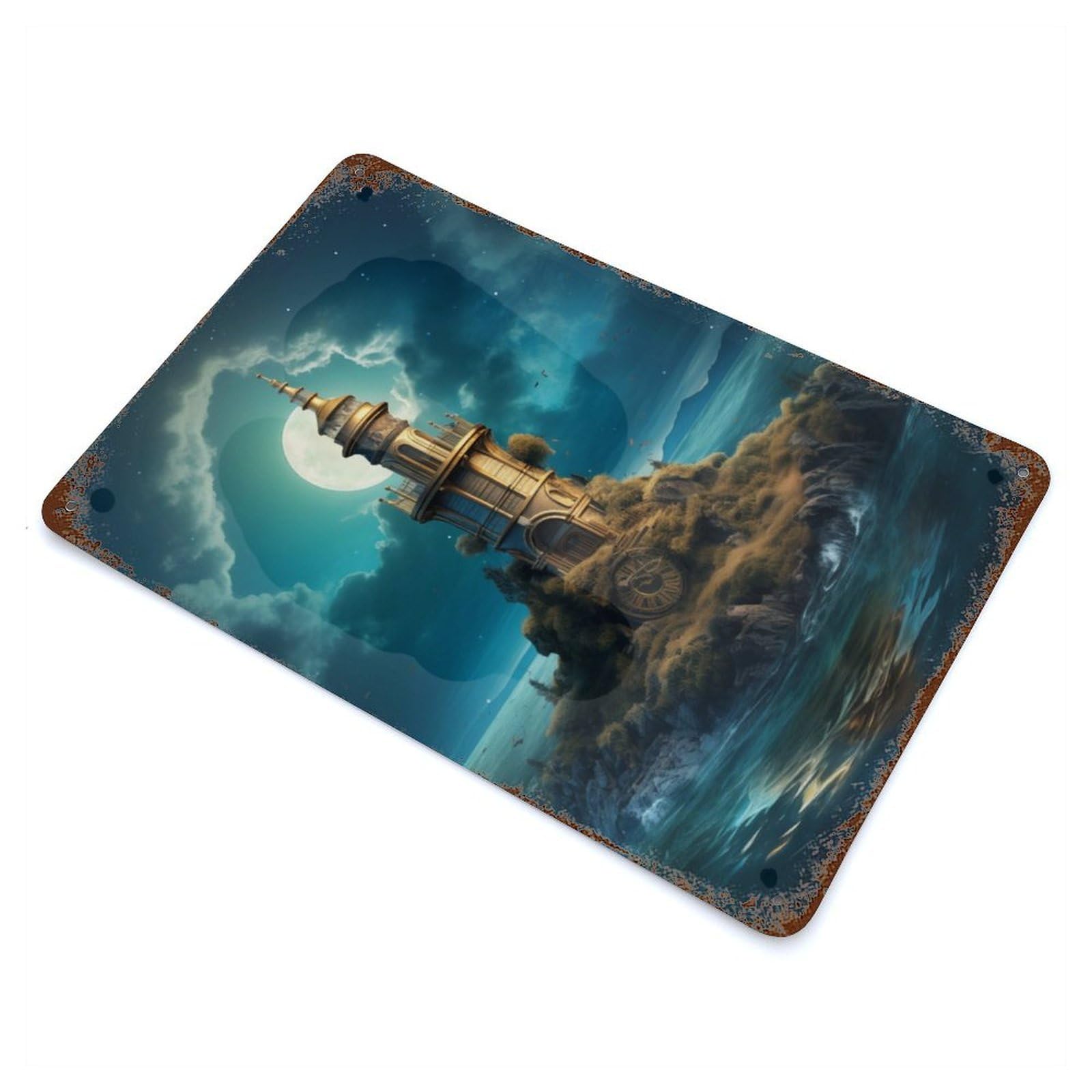 Garage Style Fantasy Lighthouse Weathered Tin Sign 11.8"x7.9", Classic Wall Plaque for Bar And Workshop