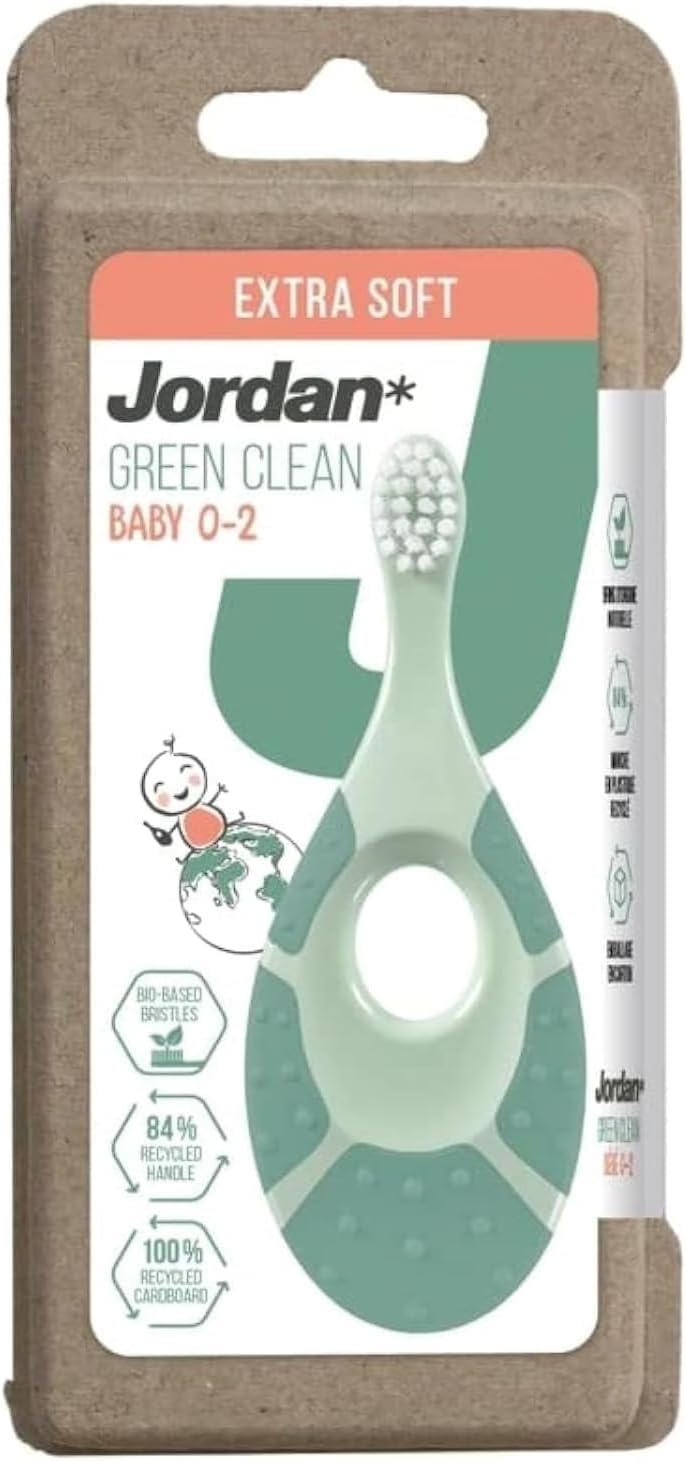 Jordan Green Clean Baby (0-2) Extra Soft Toothbrush,Soft Biting Ring, Assorted Color, Bio-based bristles,Recycled Handle & Packaging,Sustainable Quality Materials