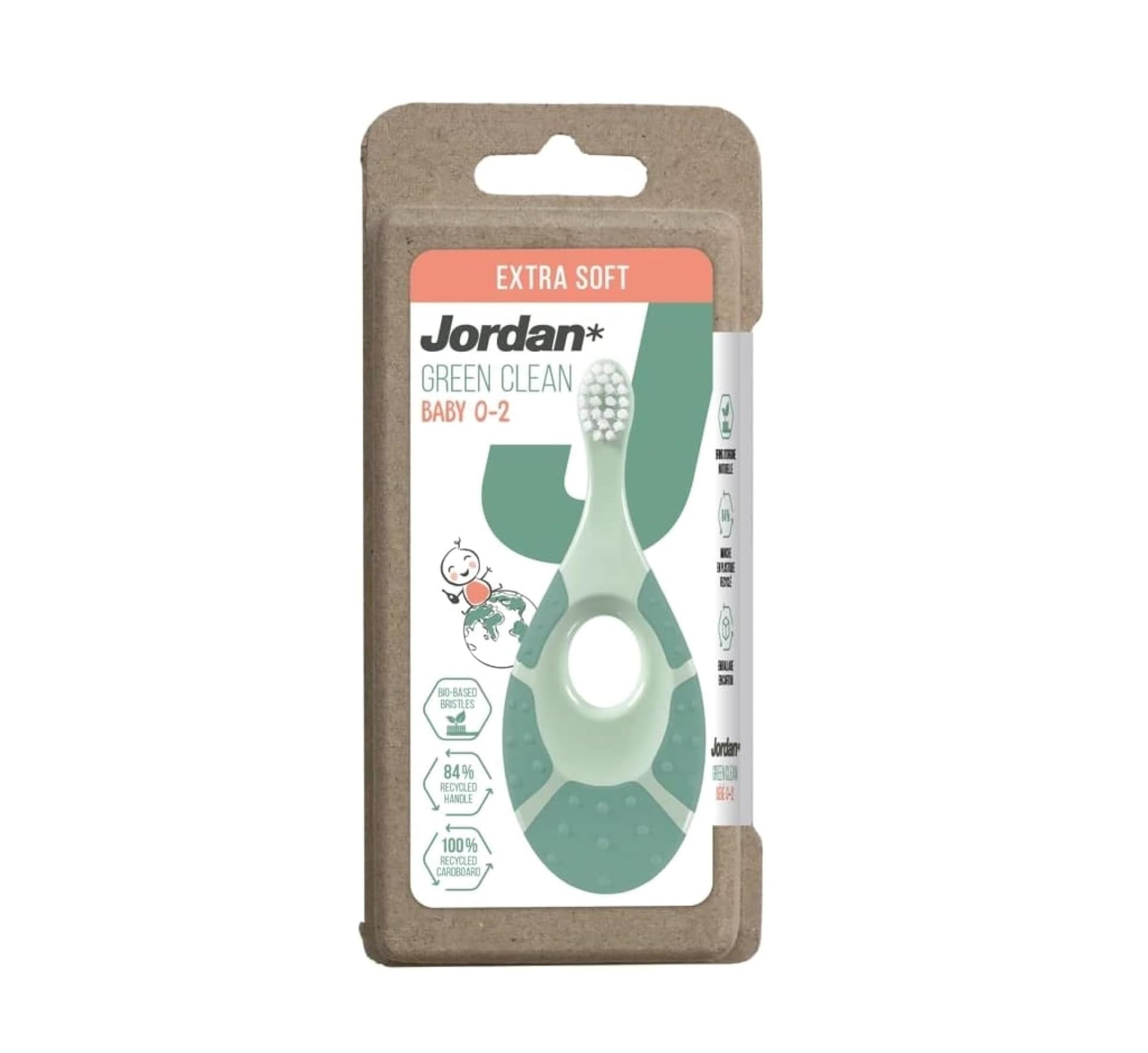 Jordan Green Clean Baby (0-2) Extra Soft Toothbrush,Soft Biting Ring, Assorted Color, Bio-based bristles,Recycled Handle & Packaging,Sustainable Quality Materials