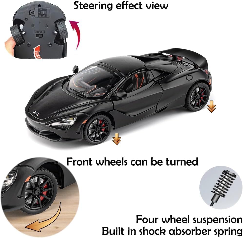 Image of WORSHIPER 1:24 Scale McLaren 720S Die-Cast with Openable Doors, Pullback Action, Lights & Sounds � Luxury Sports Car Collectible for Kids & Adults (1:24 McLaren 720S-Black Color)