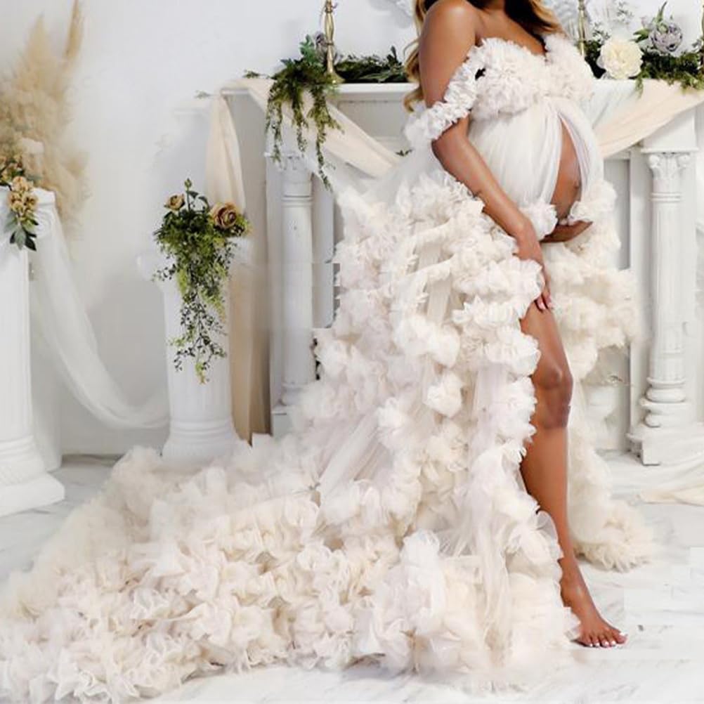 Schulterfreie Umstandskleider, Langer Bademantel für Fotoshootings, Umstandskleid für Fotografie, Schwangerschaftskleid mit Tüllrüschen für Babyparty,3,US 6