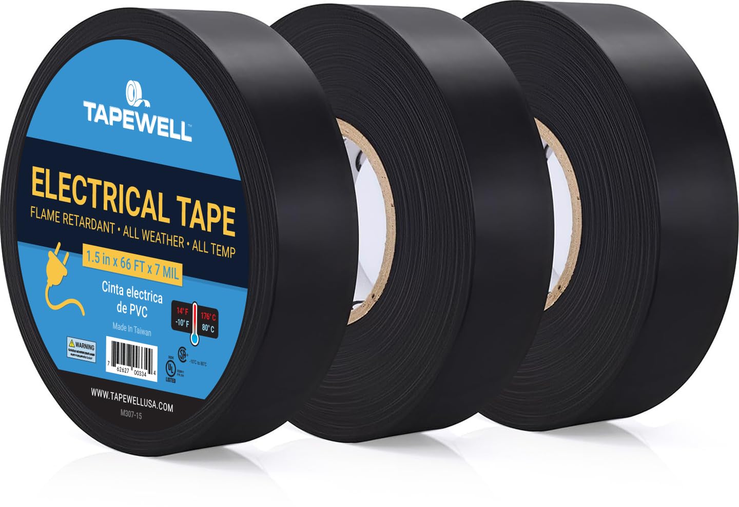 Black Electrical Tape - Professional Grade - 3/4 inch x 66ft - PVC Vinyl Electrical Insulating Tape for All Weather - U/L Approved - Waterproof - Pack of 3