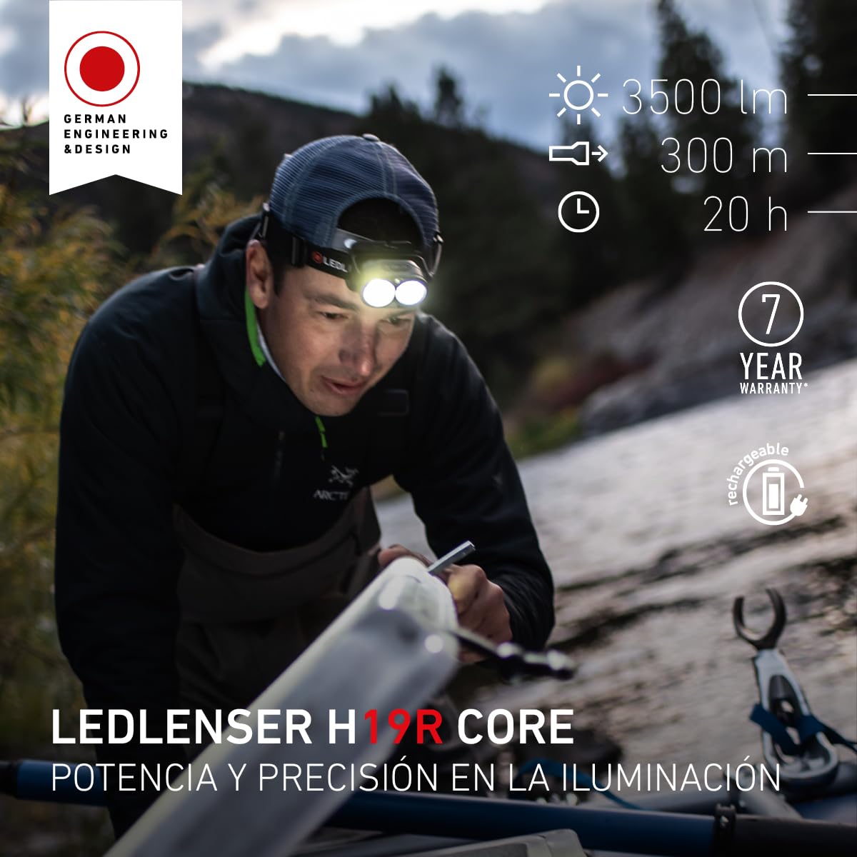 Ledlenser H19R Core Linterna Frontal Recargable, 3500lm, Alcance 330m, IP68 | Haz focalizado, amplio y luz roja independientes, 20 h de autonomía, intensidad regulable, 374 g, para pescar, acampar | 2020