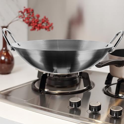 Miniatura 5 de Tofficu Wok de acero al carbono, wok de doble oreja, wok de metal binaural, antiadherente, sartén profunda para cocina, wok para freír, parrilla