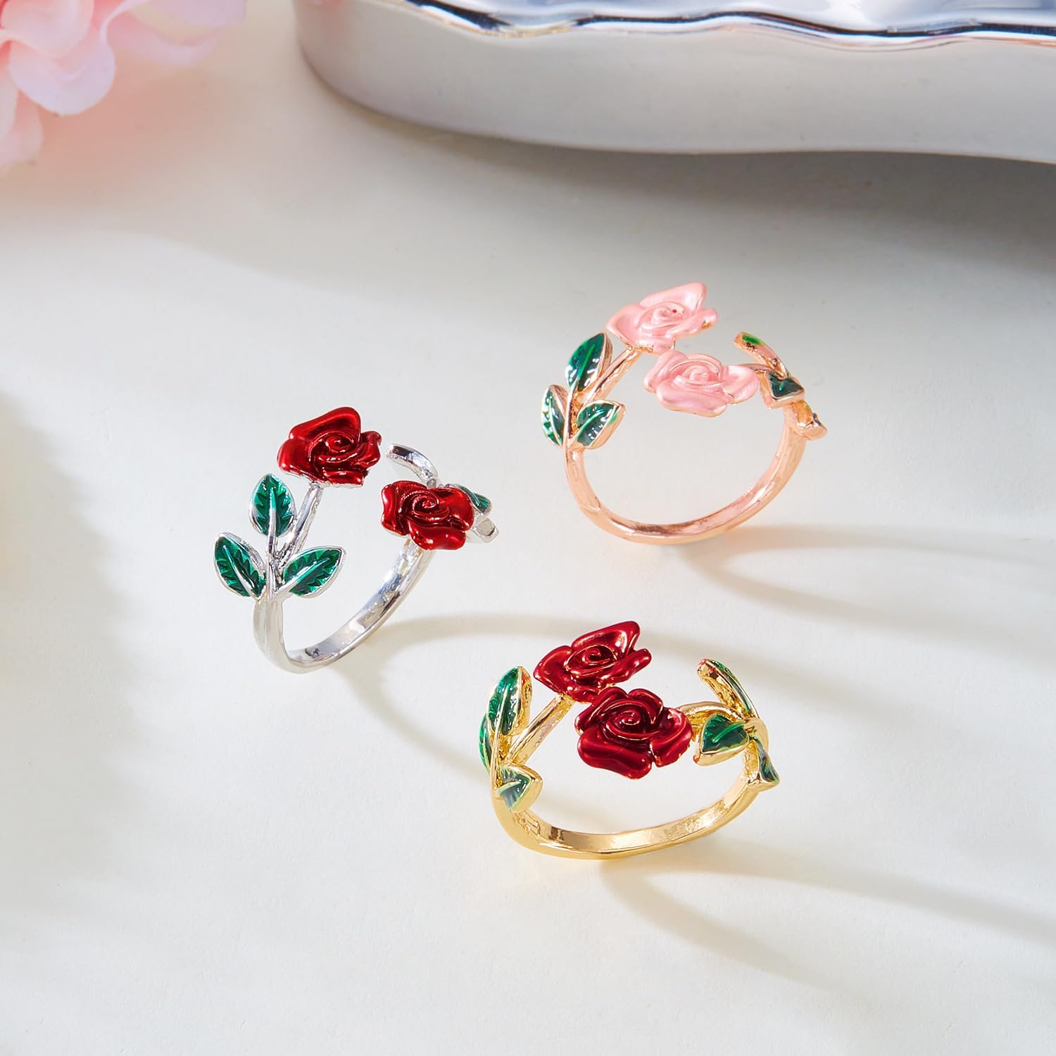 ONLYJUMP 2pcs Red Rose Jewelry Set For Women Dainty Pink Roses Flower Bracelet Ring Gold Plated Collar Gold Red Accessories Fashion Wedding Valentine's Day Jewelry - Image 5