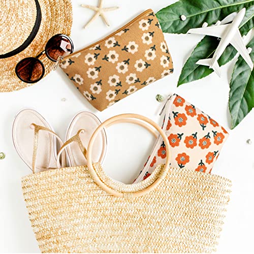 Photect 3 Pcs Floral Makeup Bag for Purse Small Cosmetic Bag Corduroy Canvas Pouch Mini Toiletry Zipper Travel Pouch for Women Bulk Gifts for Teachers School Organizer Storage Accessories(Cute)3