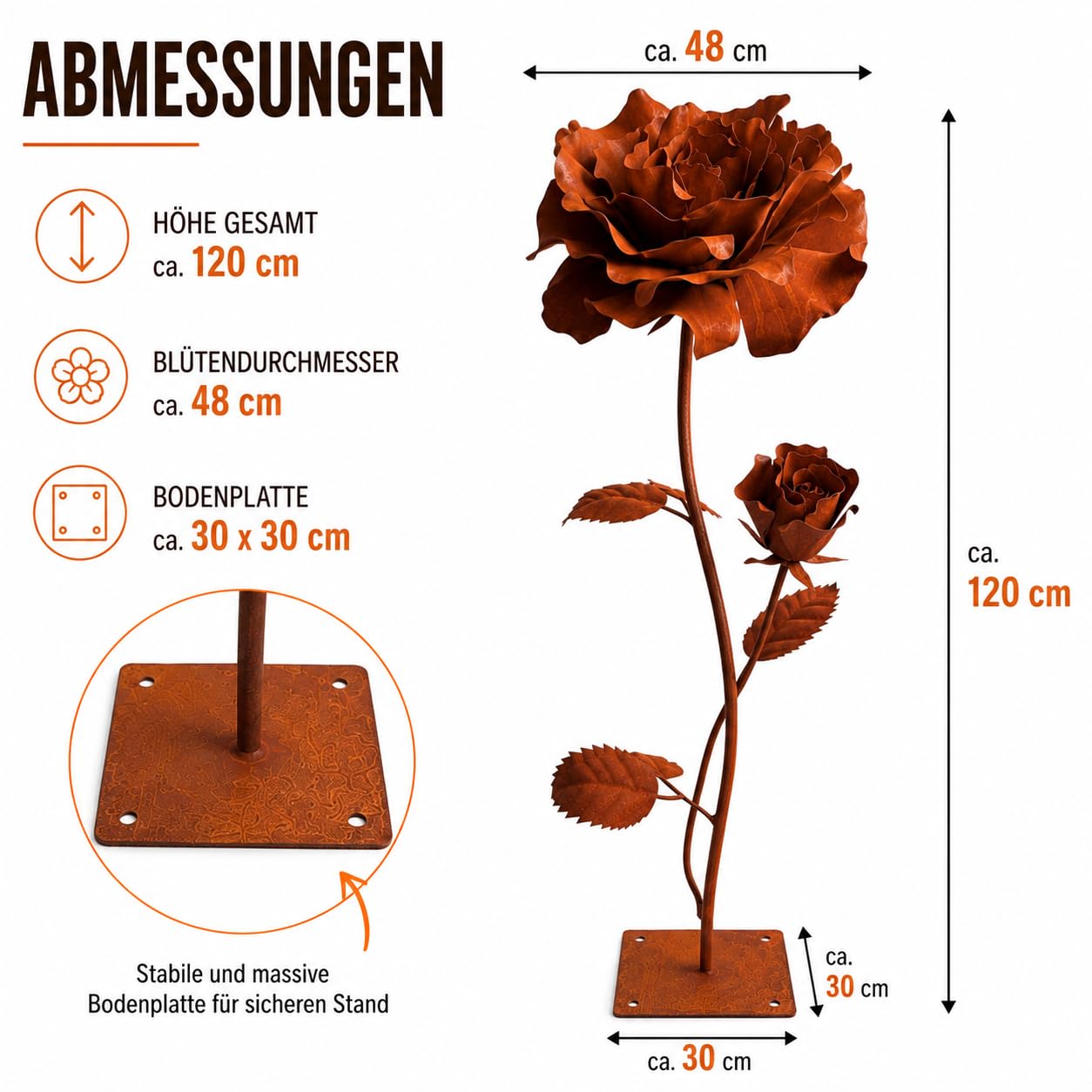 Terma Rost 3D Rose XXL 120 cm Höhe Rostblume Gartendeko rost Gartenfigur groß Metallfigur Garten Schild Dekostecker Rostgartendeko rostdeko Gartendeko Metall deko Metallstecker Edelrost