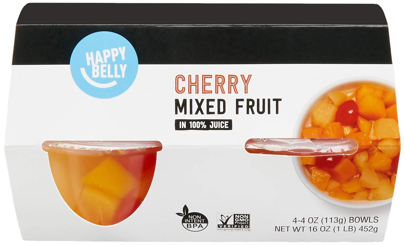 Amazon Brand - Happy Belly Cherry Mixed Fruit In Juice, 4 Oz, 4 Count