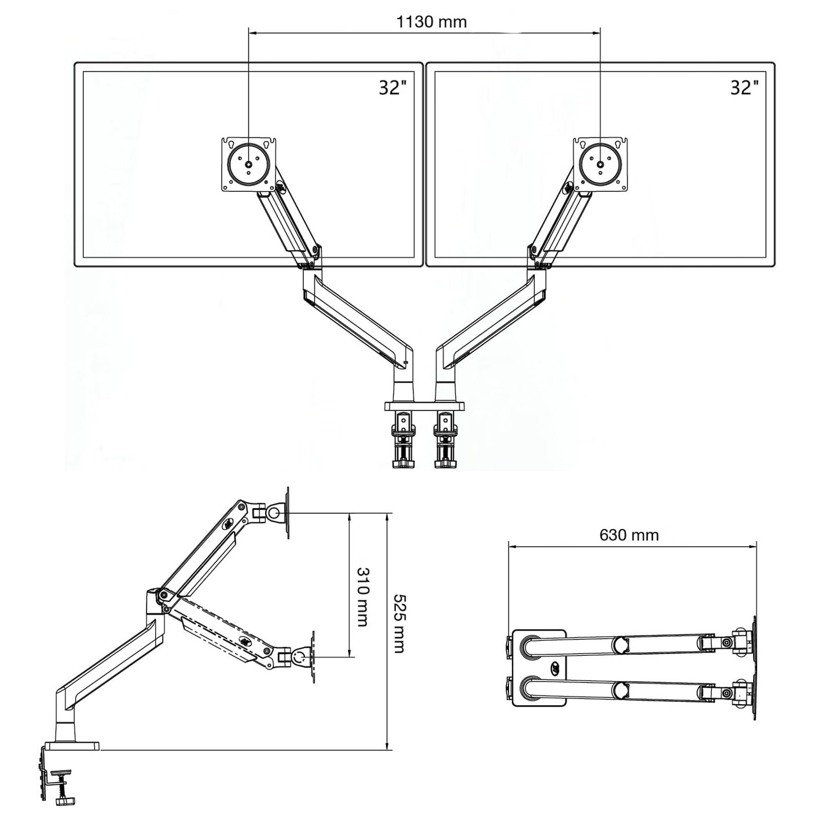 Support de Table avec Ressort à gaz pour Deux écrans LCD 22-32 Pouces VESA 75x75 mm - 100x100 mm, jusqu'à 15 kg