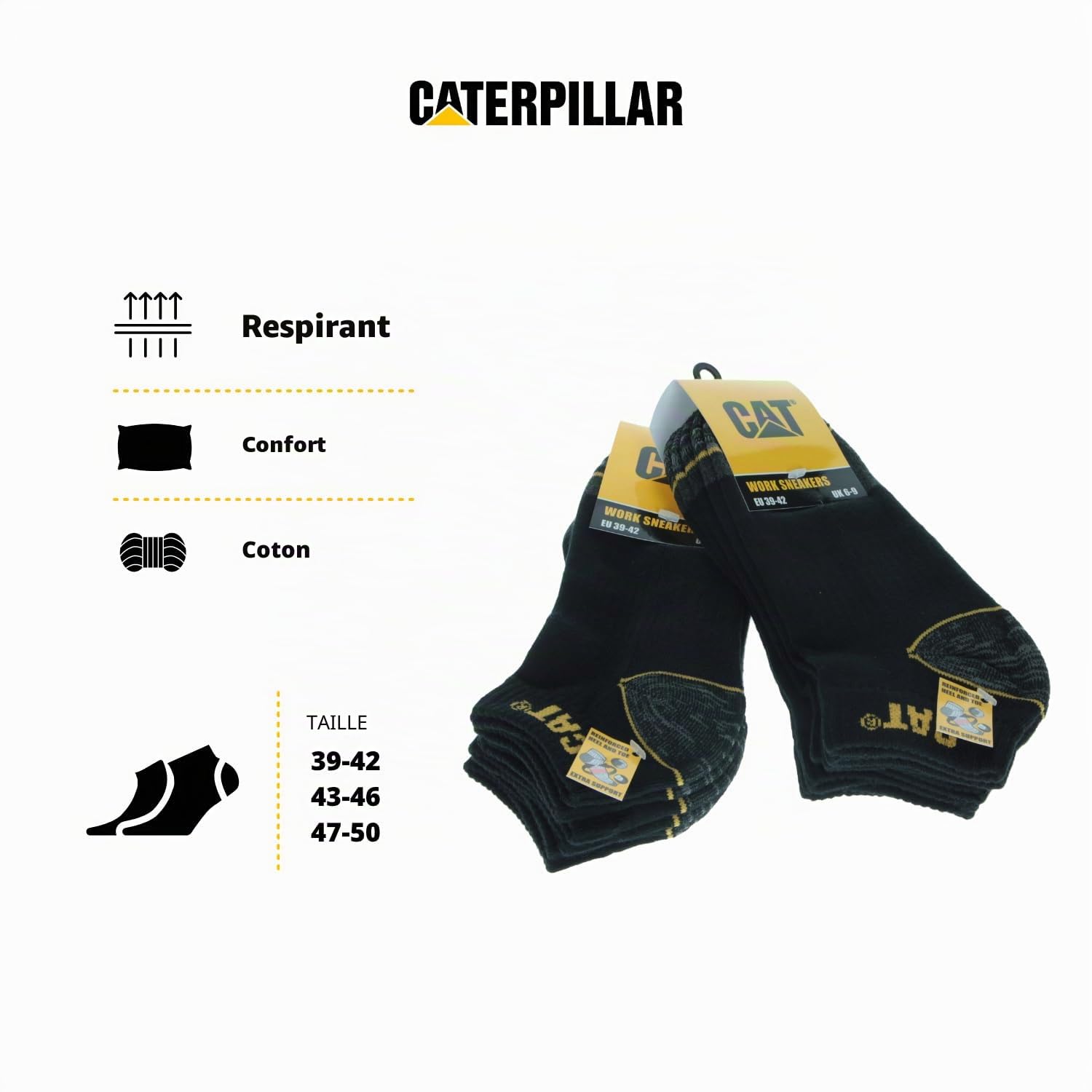 Caterpillar 6/12 Paires Chaussettes Travail Sneaker Hommes Prévention des Accidents Talon et Pointe Renforcées Coton