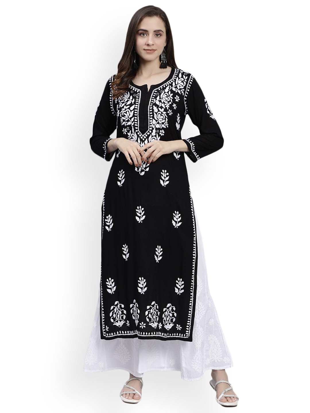 Seva Chikan Hand Embroidered Lucknowi Chikankari Straight Regular Fit Rayon Women's Long Kurta SCL4362