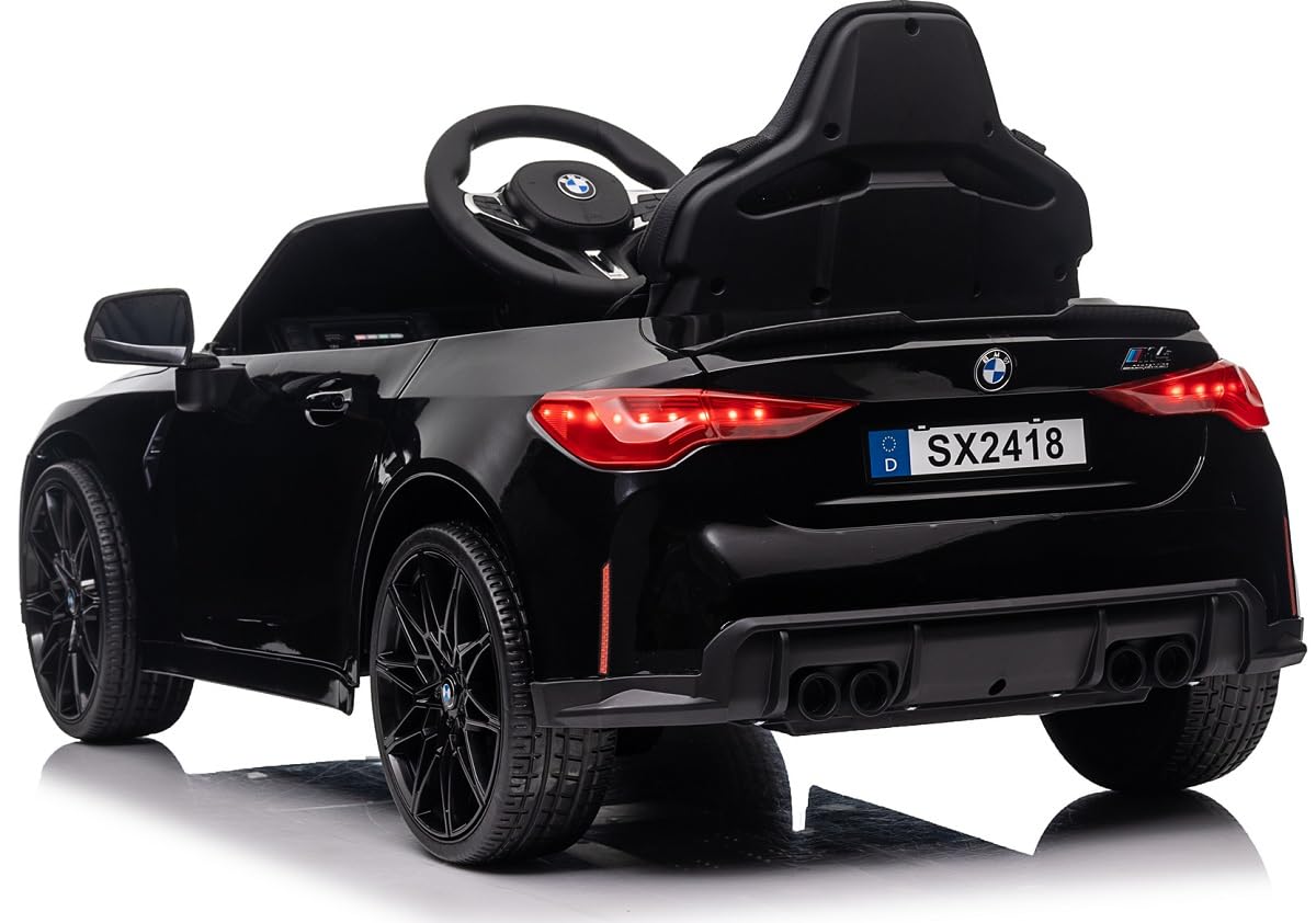 BMW M4, MPower- 90W, 12V-14ah, Eva Räder, Ledersitz, Kinderauto Kinderfahrzeug Kinder Elektroauto, Bluetooth, Fernbedienung 2.4G (Schwarz)