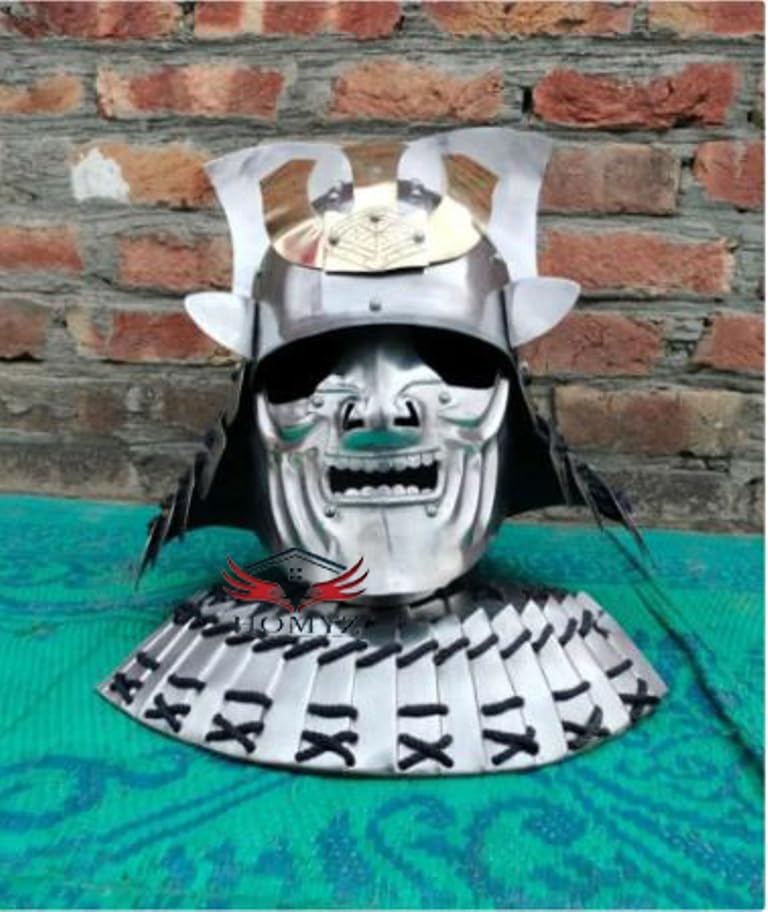 HOMYZ Medieval Japanese Samurai Steel Helmet Silver Finish Cosplay & Buhurt Combat Helmet