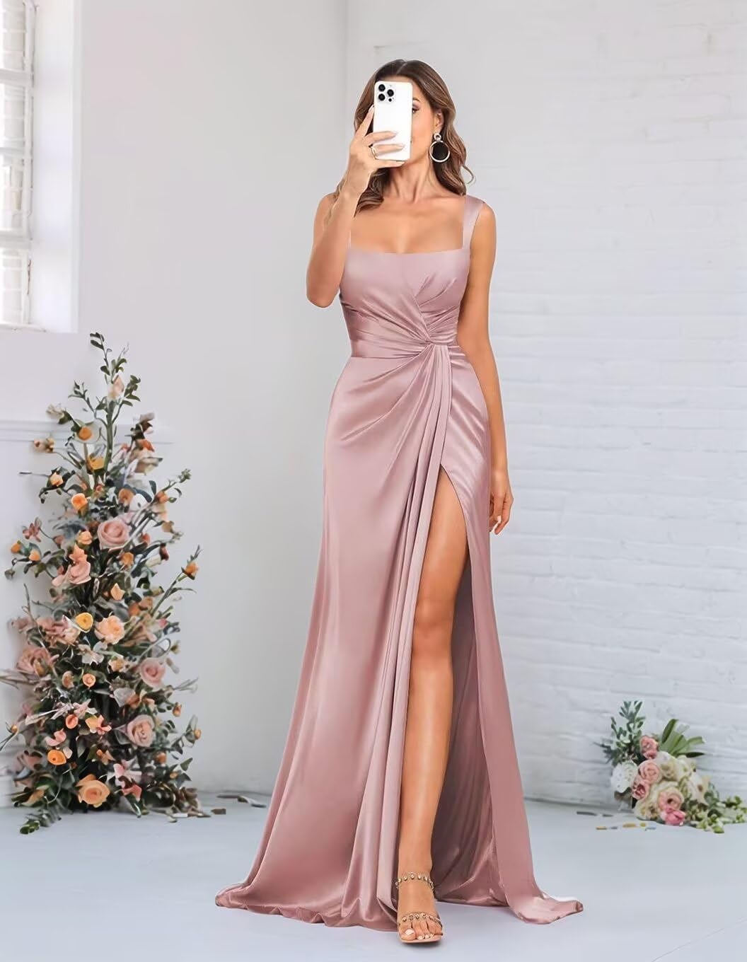 Satin Bridesmaid Dresses with Slit Pleated Long Maxi Wedding Guest Dress Mermaid Formal Evening Gowns