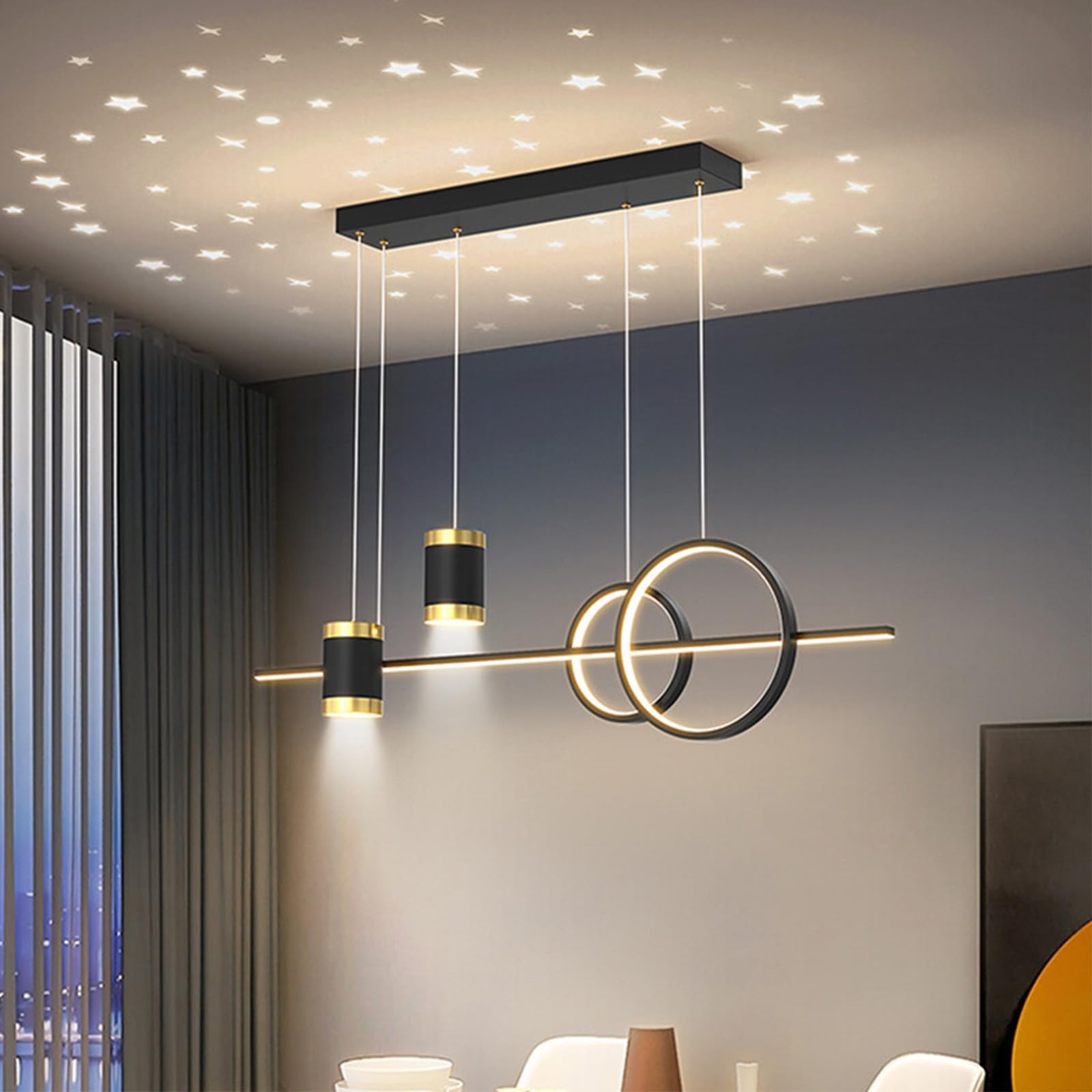 Modern Linear Pendant Light,Dimmable LED Chandelier with Spotlights & Remote Control,Height Adjustable Ceiling Hanging Lamp Fixture for Living Room Kitchen Dining Room(100x120cm(39x47inch), Black)