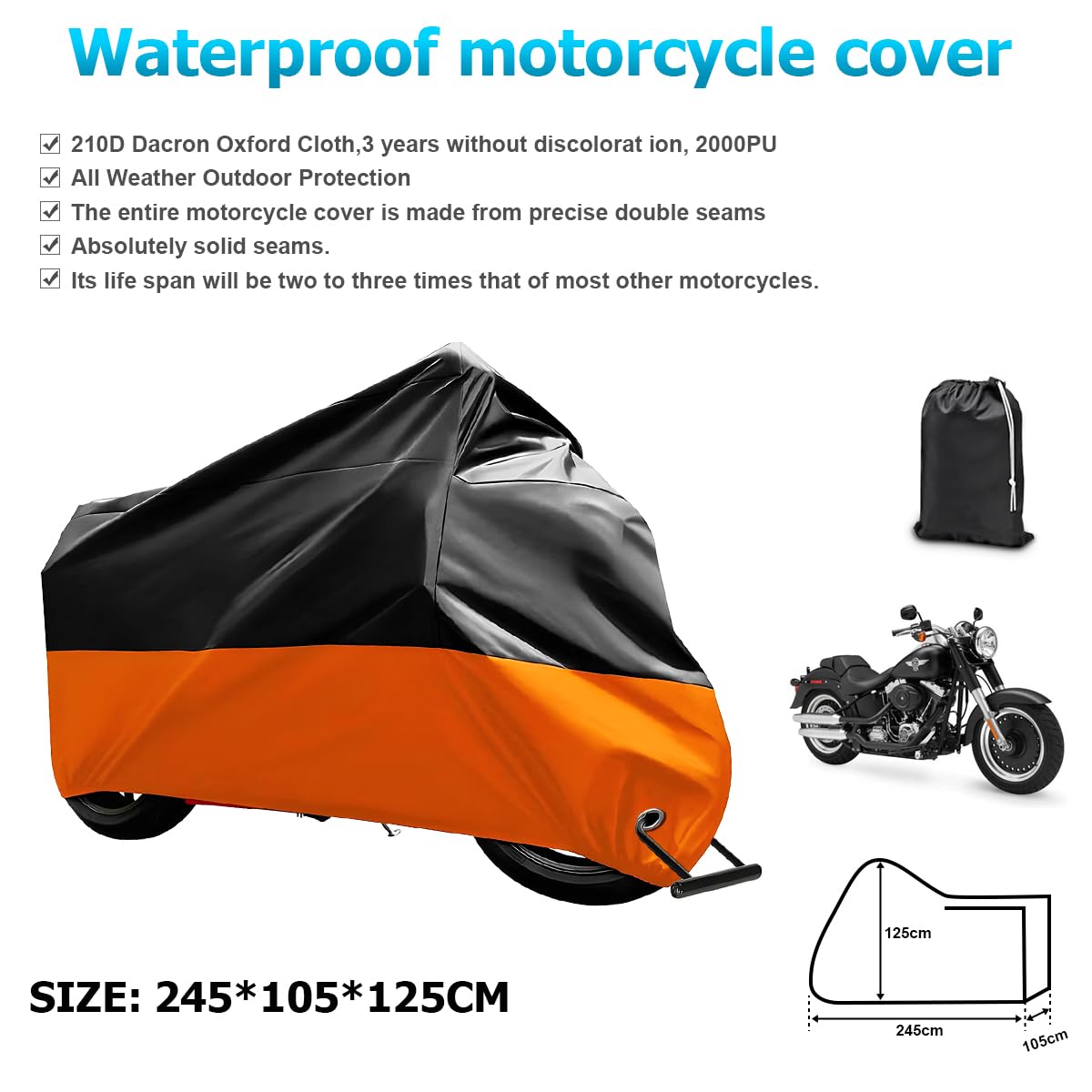 JNNJ Cubre Moto Impermeable, Cubierta Impermeable Universal De La Lona De Motocicleta, Motocicleta Anti-UV Cubierta del Polvo para Al Aire Libre, Cubierta Poliéster para Moto Scooter(Negro/Naranja)
