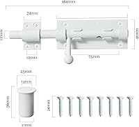 Vista 2 de Pestillo de perno de barril, pestillo de puerta de perno deslizante, cerradura deslizante blanca de 6.3 pulgadas con agujero de candado, herrajes